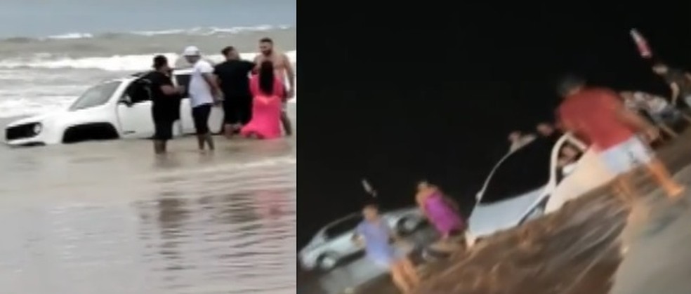 Chuva e maré alta deixam carros atolados em praia do Pará