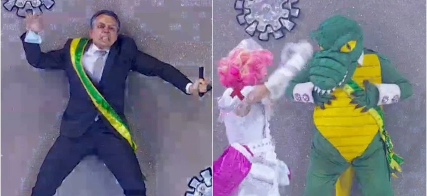 Bolsonaro toma vacina e vira jacaré no desfile da Rosas de Ouro