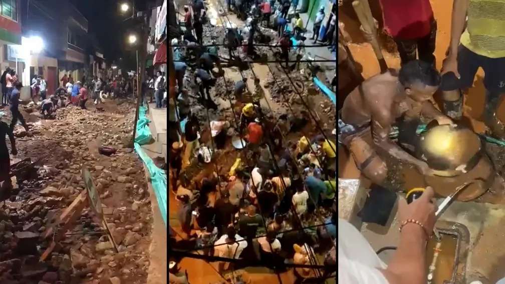 Multidão transforma rua da Colombia em garimpo, assista o Vídeo; Moradores da cidade de Saragoça, na Colômbia, invadiram uma obra