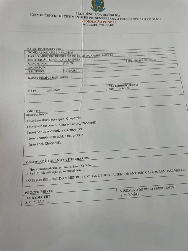 Primeira parte do documento que atesta o recebimento das joias sauditas no Alvorada — Foto: Reprodução