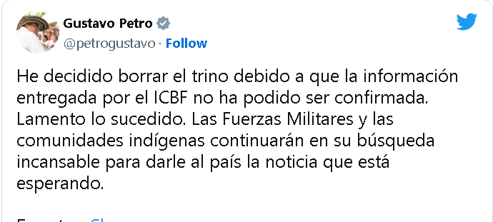 Presidente da Colômbia apaga tuíte que anunciava resgate de crianças depois se retrata dizendo que buscas continuam. Presidente da Colômbia