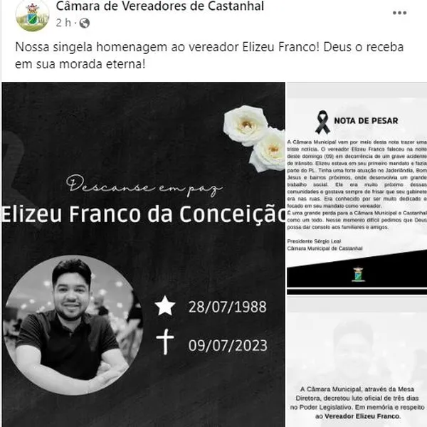 Vereador de castanhal morre em acidente de carro / O vereador de Castanhal Elizeu Franco (PL) morreu após sofrer um acidente na BR-316