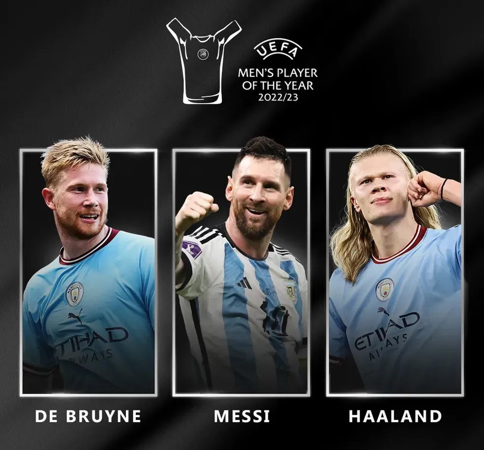 Melhor jogador da Europa 2023: Messi, De Bruyne e Haaland são os finalistas Nesta quinta-feira, a Uefa anunciou os três candidatos ao prêmio