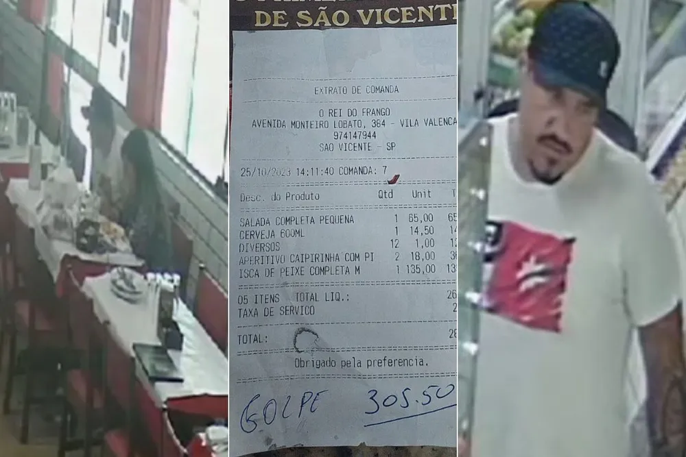 Casal golpista come em restaurantes, inventa histórias e foge sem pagar. Imagens de câmeras de monitoramento flagraram o homem no