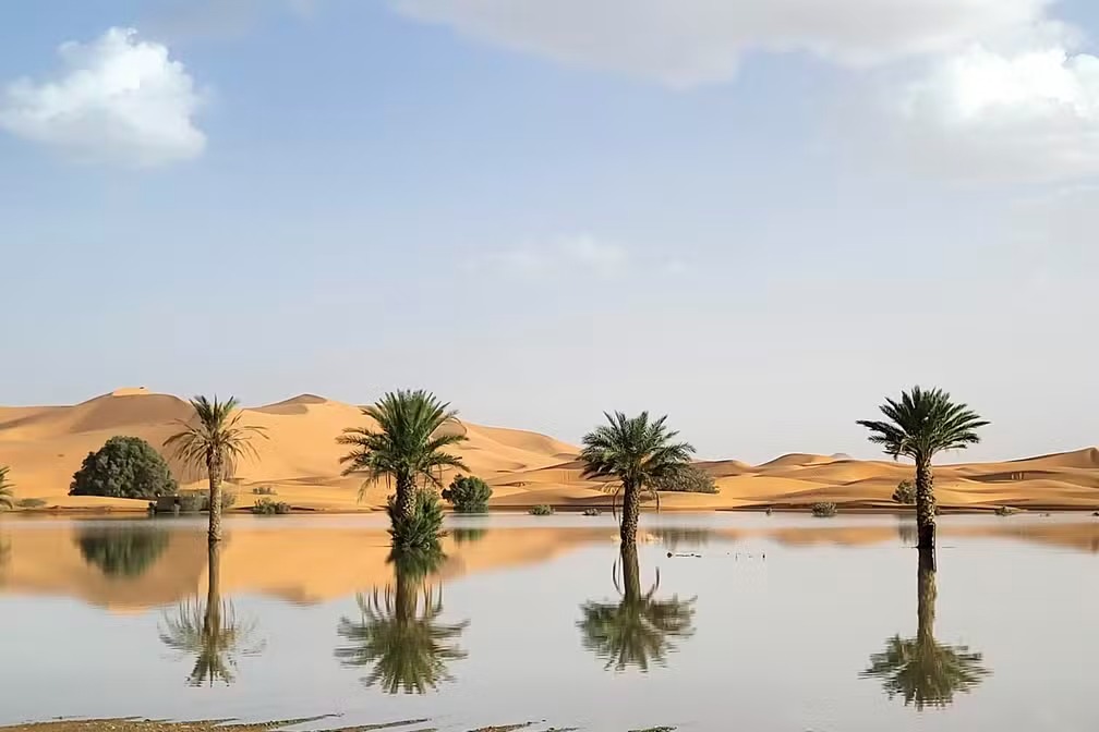 Chuva no Saara cria lagoas entre as dunas do deserto. Meteorologistas chamam essas chuvas de uma tempestade extratropical...