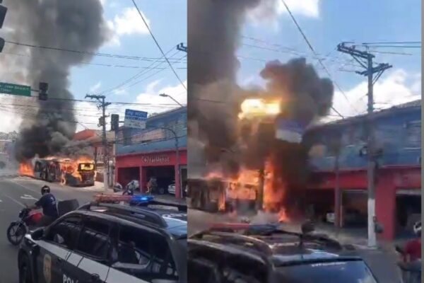 Vídeo: Ônibus em chamas desliza descontroladamente por avenida, colidindo com poste em São Paulo Dois carros também foram atingidos;