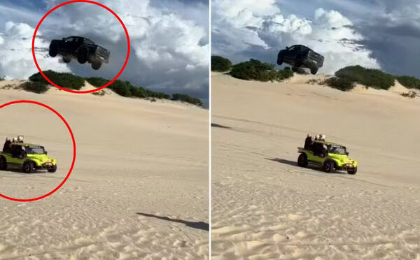 O motorista de uma picape preta que protagonizou uma manobra arriscada ao “voar” sobre um buggy durante a subida de uma...