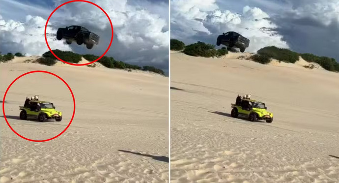 O motorista de uma picape preta que protagonizou uma manobra arriscada ao “voar” sobre um buggy durante a subida de uma...