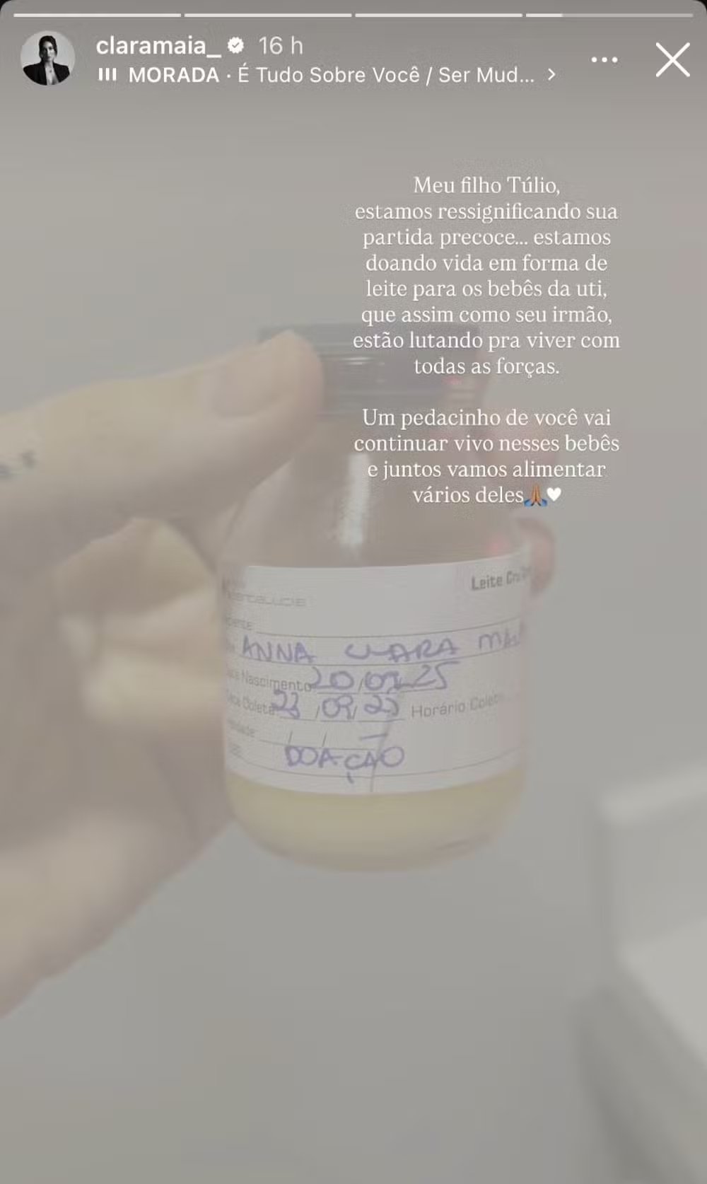 Clara Maia doa leite materno após morte do filho