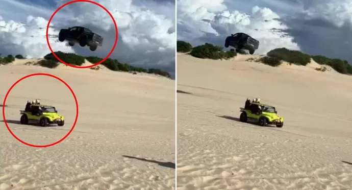 O motorista de uma picape preta que protagonizou uma manobra arriscada ao “voar” sobre um buggy durante a subida de uma...